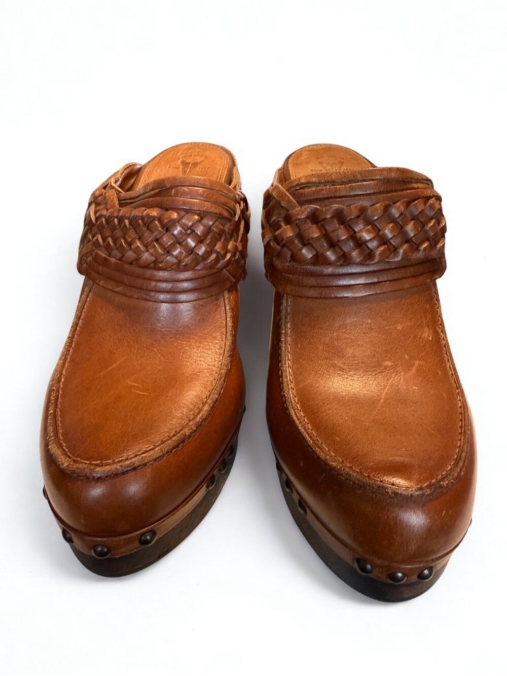 Vintage Frye Brown Braided Leather Mule Clogs Distressed Slip-On Shoes Size 10